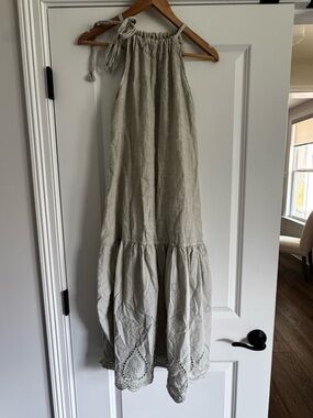Valentina Naldi Linen Halter Dress M Italian Eyelet Embroidered Boho Cottagecore